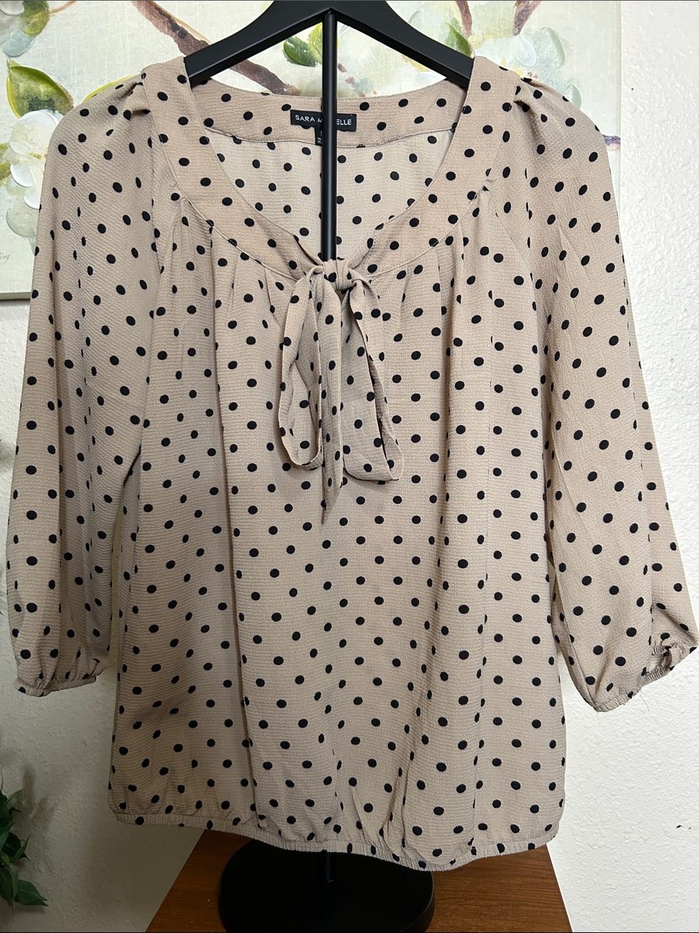 Sara Michelle Beige Polka Dot Tie-Neck Blouse